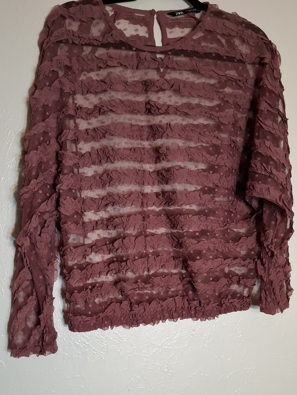 Zara Mauve Ruffled Sheer Long-Sleeve Blouse